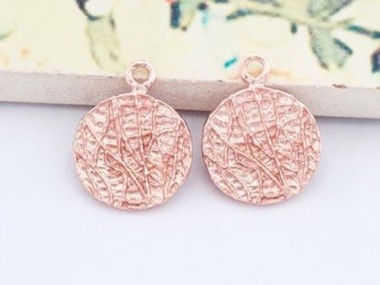 925 Sterling Silver Rose Gold Vermeil Style Textured Disc Charms 11 mm.