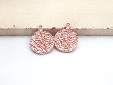 925 Sterling Silver Rose Gold Vermeil Style Textured Disc Charms 11 mm.