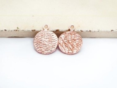 925 Sterling Silver Rose Gold Vermeil Style Textured Disc Charms 11 mm.