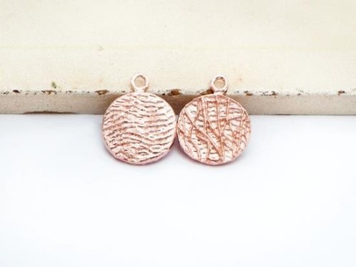 2 of 925 Sterling Silver Rose Gold Vermeil Style Textured Disc Charms 11 mm.