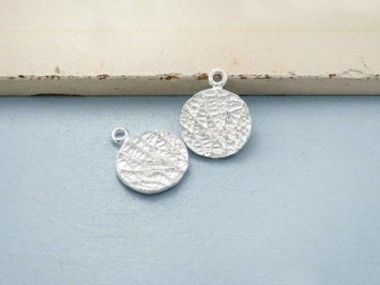 2 of 925 Sterling Silver Textured Disc Charms 11 mm.