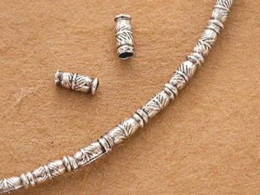 60 of Karen Hill Tribe Silver Imprinted Bamboo Beads 2x5.5 mm. 13.5"