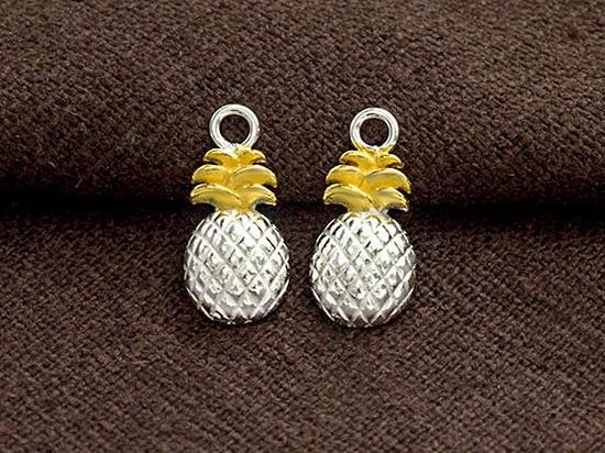 2 of 925 Sterling Silver Pineapple Charms 7x12 mm. Two Tone Gold & Silver