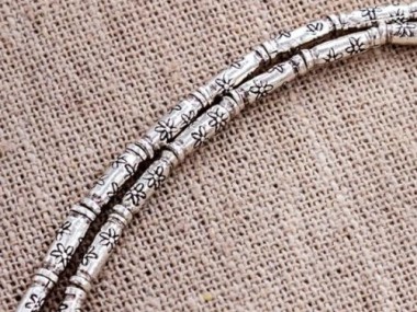 25 of Karen Hill Tribe Silver Daisy Printed Tubular Beads 2.5 x 8 mm. 8.5"