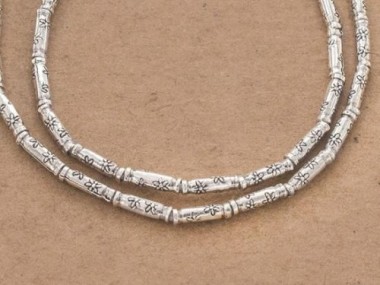 Karen Hill Tribe Silver Daisy Printed Tubular Beads 2.5 x 8 mm.