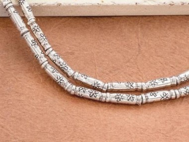 Karen Hill Tribe Silver Daisy Printed Tubular Beads 2.5 x 8 mm.