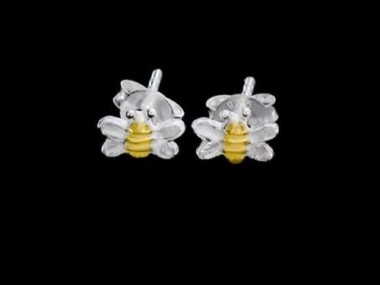 925 Sterling Silver Two Tone Gold & Silver Bee Stud Earrings 4x7.5mm.