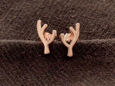 925 Sterling Silver Rose Gold Vermeil Style Deer Antler Stud Earrings 5x11mm.