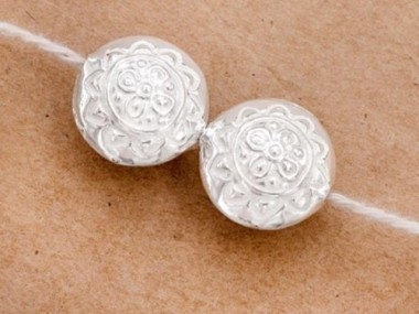 Karen Hill Tribe Silver Imprinted Puffy Lentil Beads 14mm.