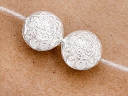 2 of Karen Hill Tribe Silver Imprinted Puffy Lentil Beads 14mm.