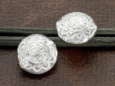 Karen Hill Tribe Silver Imprinted Puffy Lentil Beads 14mm.