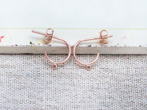 2 Pairs of 925 Sterling Silver Rose Gold Vermeil Style Hoop Stud Earrings 10mm., with Opened Loop.