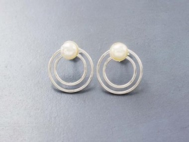 925 Sterling Silver Circle Hoop Stud Earrings., With Pearl.