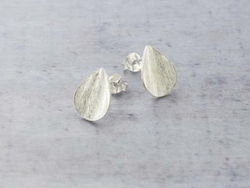 1 pair of 925 Sterling Silver Pear Stud Earrings 9x12mm. Brushed finish