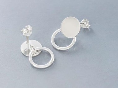 925 Sterling Silver Round Disc and Circle Link Stud Earrings