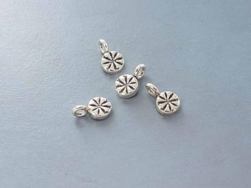 4 of Karen Hill Tribe Silver Flower Printed Circle Disc Charms 6.5x2.5mm.