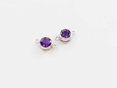 Natural Round Amethyst & Sterling Silver Bezeled Connectors, Links 7mm.