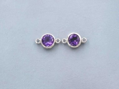 Natural Round Amethyst & Sterling Silver Bezeled Connectors, Links 7mm.