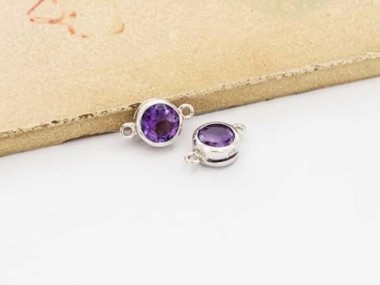 Natural Round Amethyst & Sterling Silver Bezeled Connectors, Links 7mm.