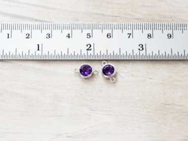 Natural Round Amethyst & Sterling Silver Bezeled Connectors, Links 7mm.