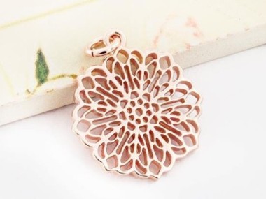 925 Sterling Silver Rose Gold Vermeil Style Filigree Disc Pendant 18.5mm.