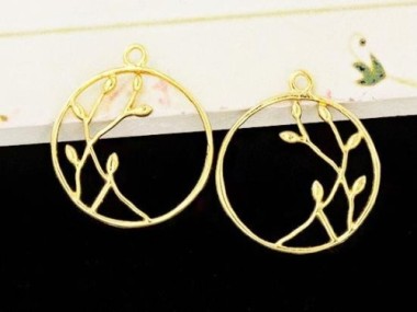 925 Sterling Silver 24k Gold Vermeil Style flower leaf tree branch Pendants 18 mm.