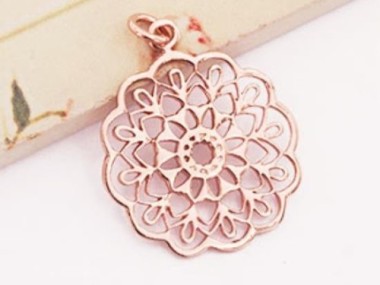 925 Sterling Silver Rose Gold Vermeil Style Filigree Disc Pendant 23mm.