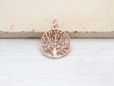 925 Sterling Silver Rose Gold Vermeil Style Tree of Life Charm 16 mm.