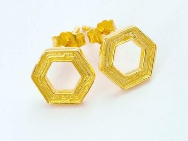 925 Sterling Silver 24k Gold Vermeil Style Textured Hexagon Stud Earrings 10mm.