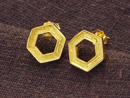 1 Pair of 925 Sterling Silver 24k Gold Vermeil Style Textured Hexagon Stud Earrings 10mm.