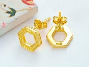 925 Sterling Silver 24k Gold Vermeil Style Textured Hexagon Stud Earrings 10mm.