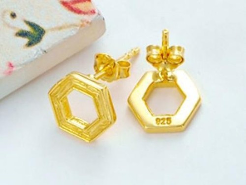 1 Pair of 925 Sterling Silver 24k Gold Vermeil Style Textured Hexagon Stud Earrings 10mm.