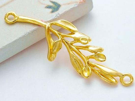 1 of 925 Sterling Silver 24k Gold Vermeil Style Leaf Branch Link, Connector 11x32mm. Polish Finished