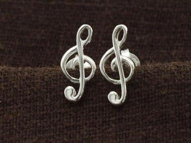 925 Sterling Silver Treble Clef Stud Earrings 5x12mm.,