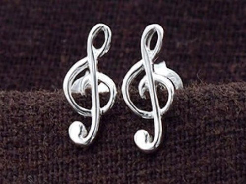 1 pair of 925 Sterling Silver Treble Clef Stud Earrings 5x12mm., Polish finish