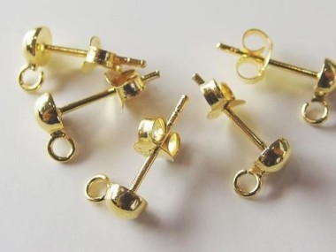 4 Pairs of 925 Sterling Silver Gold Vermeil Style Post Stud Earrings 4mm Half Ball with Opened Loop