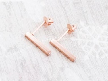 925 Sterling Silver Rose Gold Vermeil Style Rectangle Stick Stud Earrings. 2x12 mm.