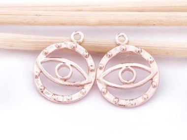 925 Sterling Silver Rose Gold Vermeil Style Evil Eye Charms 12mm.