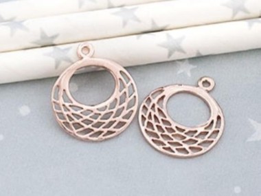 925 Sterling Silver Rose Gold Vermeil Style Filigree Disc Charms 17mm.