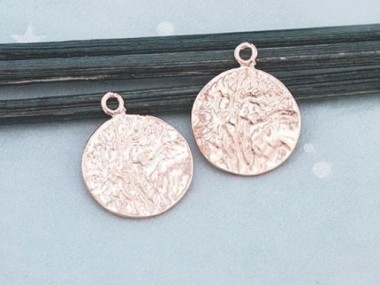 2 of 925 Sterling Silver Rose Gold Vermeil Style Textured Disc Charms 13 mm.