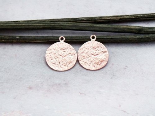 2 of 925 Sterling Silver Rose Gold Vermeil Style Textured Disc Charms 13 mm.