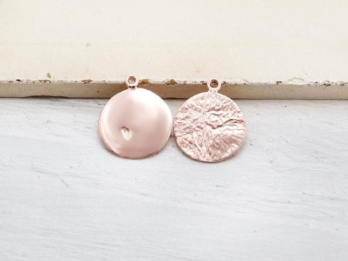 2 of 925 Sterling Silver Rose Gold Vermeil Style Textured Disc Charms 13 mm.