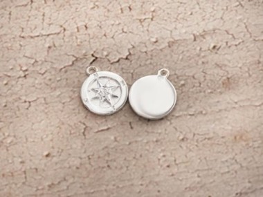 925 Sterling Silver Compass Printed Charms 11mm.