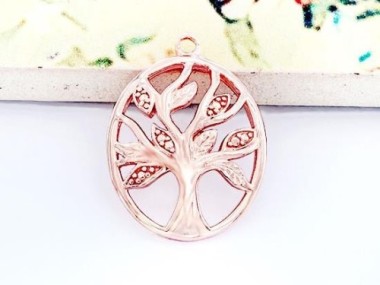 925 Sterling Silver Rose Gold Vermeil Style Tree of Life Pendant 15x18 mm.