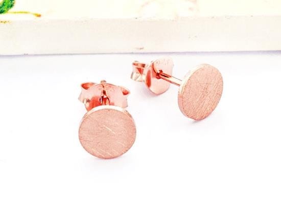 1 Pair of 925 Sterling Silver Rose Gold Vermeil Style Tiny Circle Disc Stud Earrings 6mm., Brush Finished.