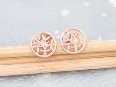 925 Sterling Silver Rose Gold Vermeil Style Tiny Tree of life circle Stud Earrings 7mm.