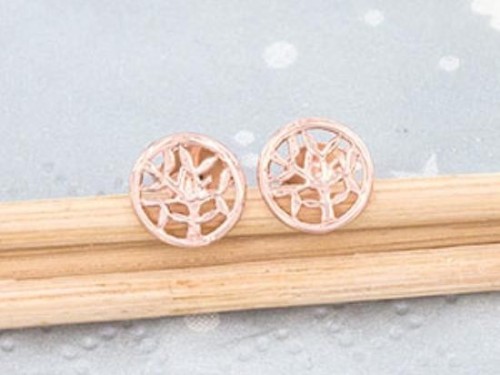 1 Pair of 925 Sterling Silver Rose Gold Vermeil Style Tiny Tree of life circle Stud Earrings 7mm.