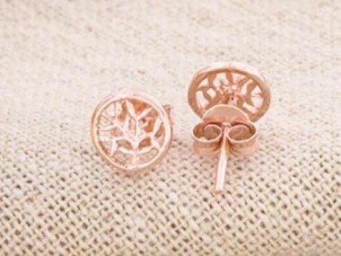 925 Sterling Silver Rose Gold Vermeil Style Tiny Tree of life circle Stud Earrings 7mm.