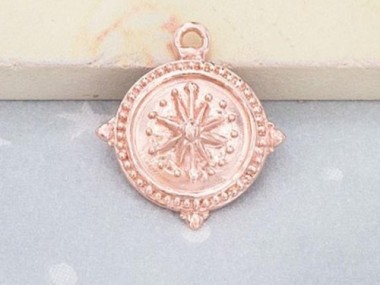 925 Sterling Silver Rose Gold Vermeil Style Compass Printed Disc Charm 13 mm.