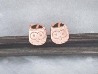 925 Sterling Silver Rose Gold Vermeil Style Little Owl Stud Earrings 6.5mm.